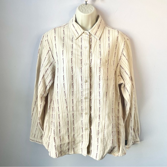 Vtg Woolrich Women’s Cream Burgundy/Red Tan Striped Cotton Button-Up Shirt Sz L - Picture 15 of 15